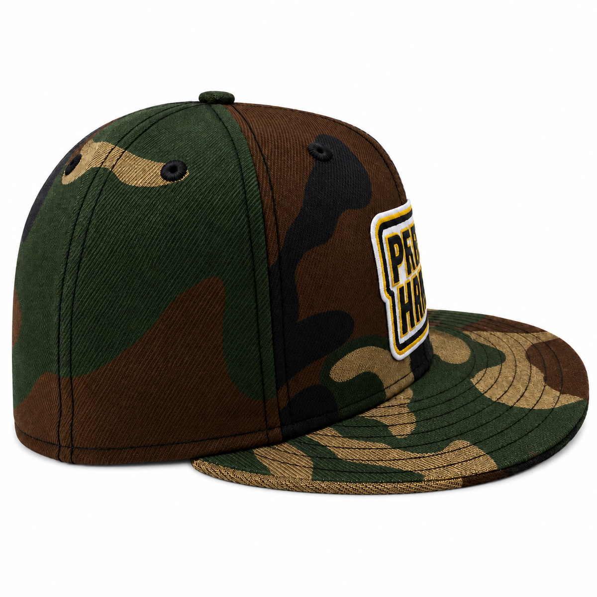 A structured flat-brim cap in a green, brown, and black camouflage pattern, featuring a white and black embroidered patch on the side that reads 'PREMIER HAT'.
