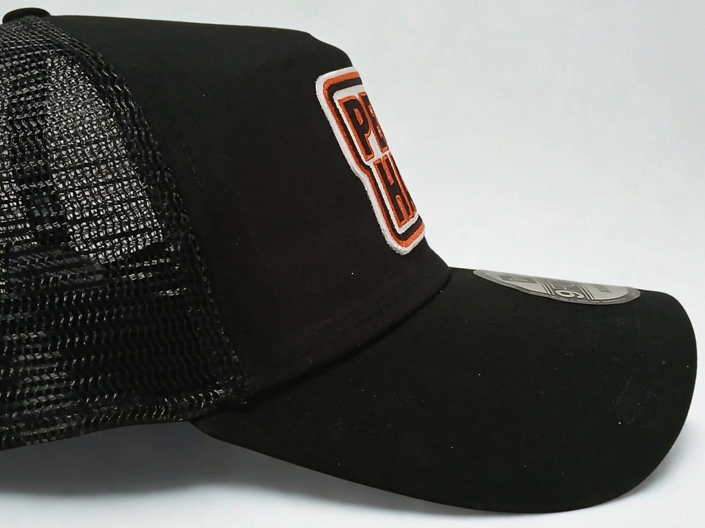 PEDAL HARD Cityline Trucker snapback hat side profile black mesh back trucker hat for BMX MTB and cycling street riders