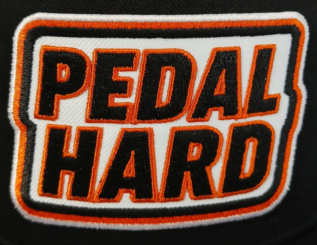 PEDAL HARD embroidered logo patch detail on Prime Snapback snapback hat black streetwear hat for BMX MTB and cycling riders
