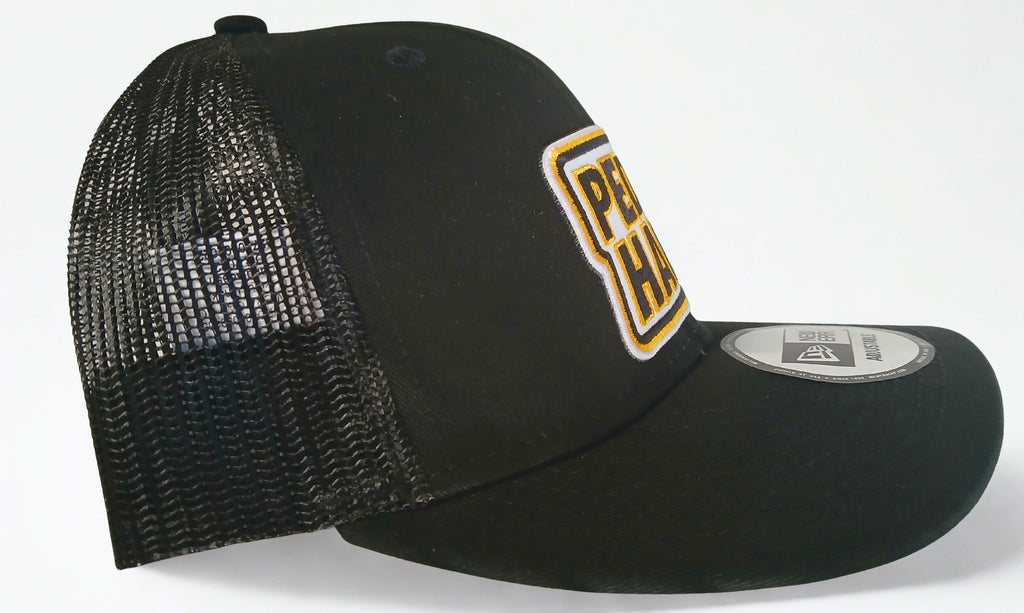 PEDAL HARD Hardline Trucker snapback hat side view black mesh back trucker cap with structured crown and flat bill