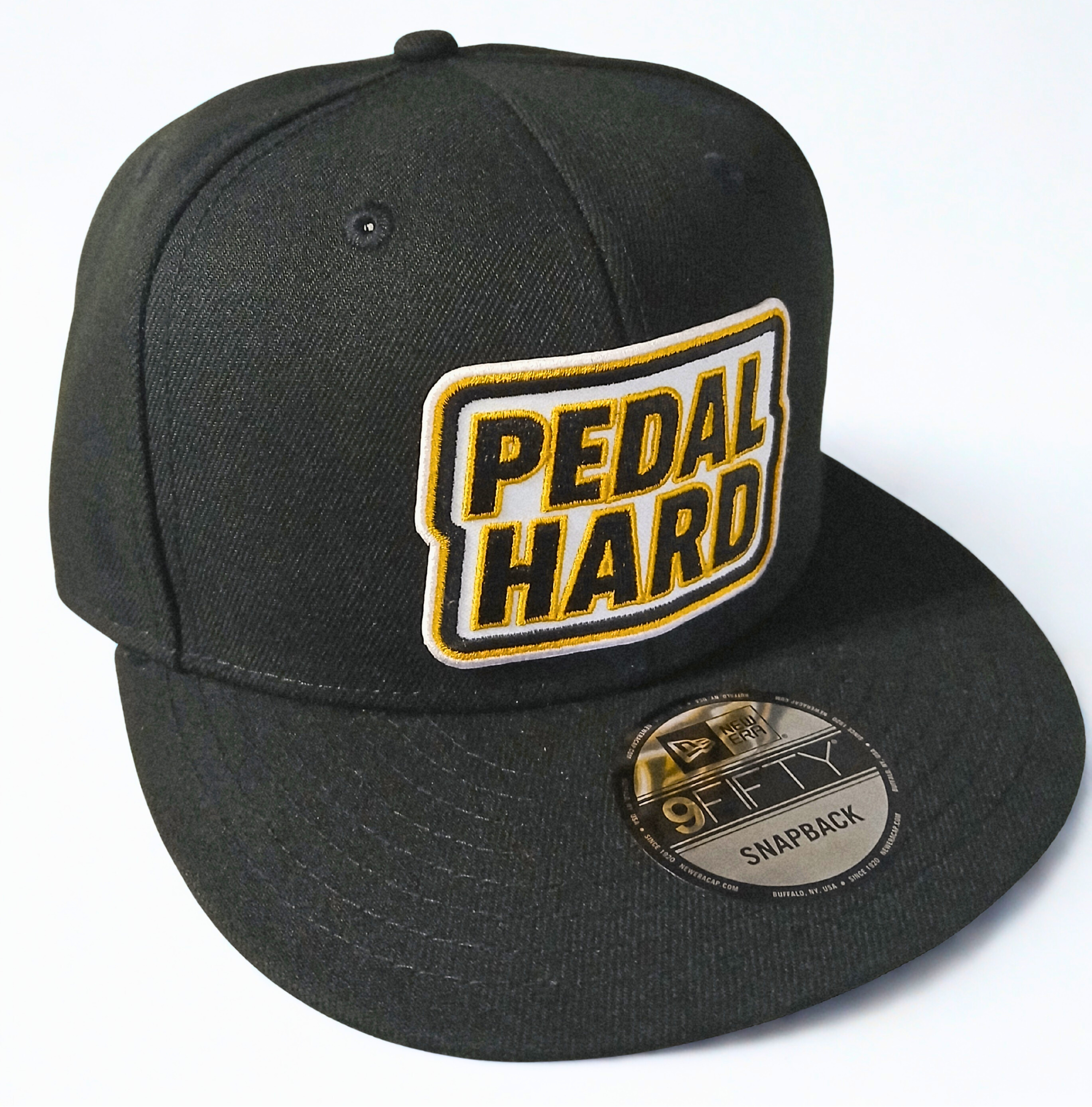 PEDAL HARD Street Snapback hat front view structured flat bill snapback cap designed for cycling streetwear